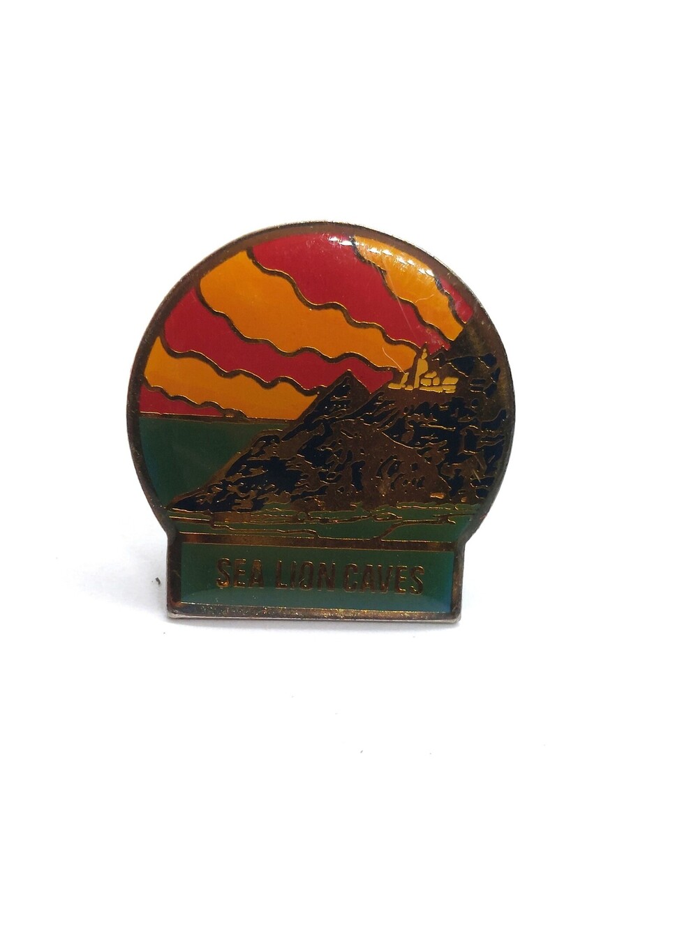Vintage Sea Lion Caves Oregon Coast Sunset Lighthouse Enamel Pin Travel Lapel